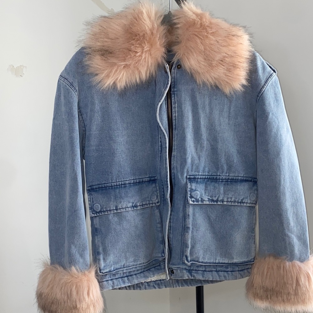 Parisian Works Blue Denim Jacket with Pink Faux Fur Trim